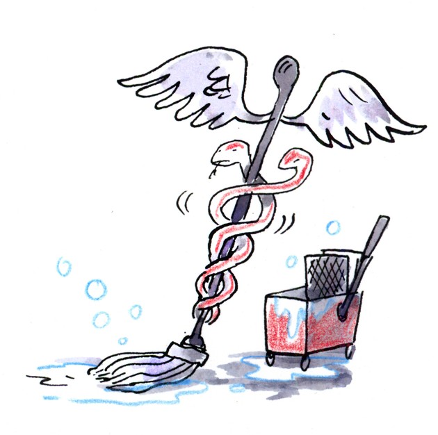 Cartoon image of medical snake mopping floor