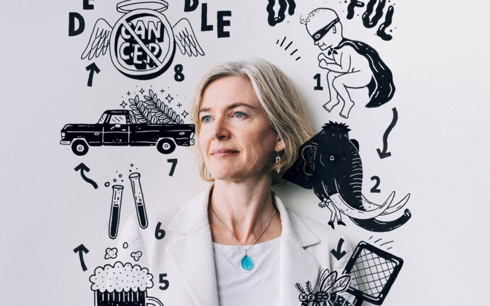 WIRED Doudna header Image of Jennifer Doudna with illustrations of CRISPR applications