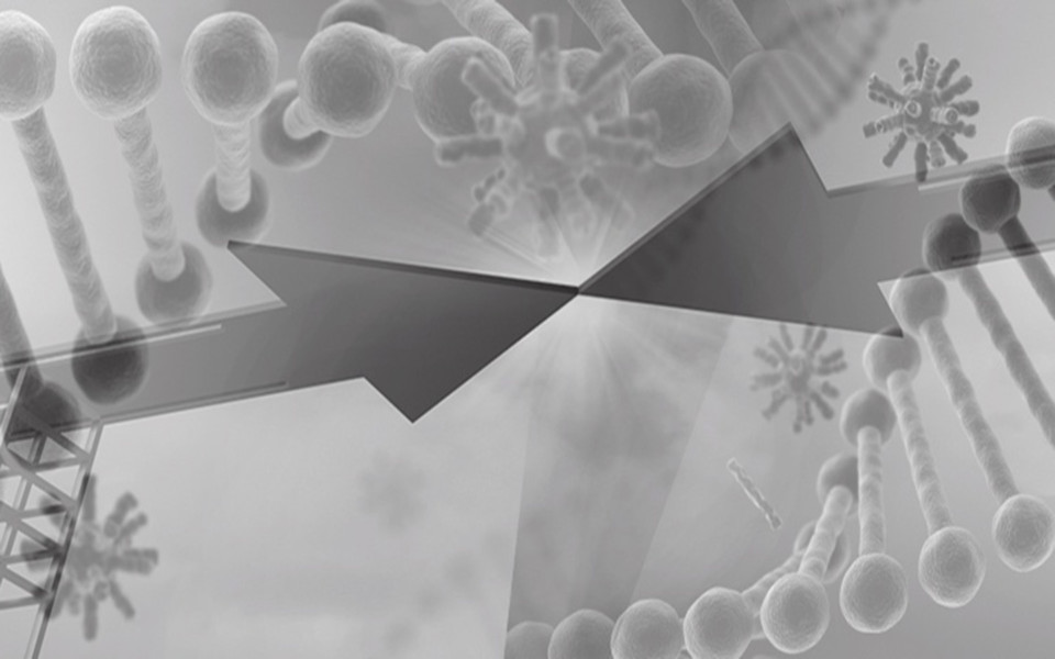 Illustration of arrows meeting with DNA in background