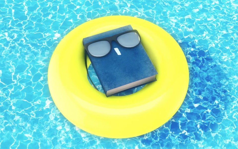 Illustration of book in inner tube floating on water