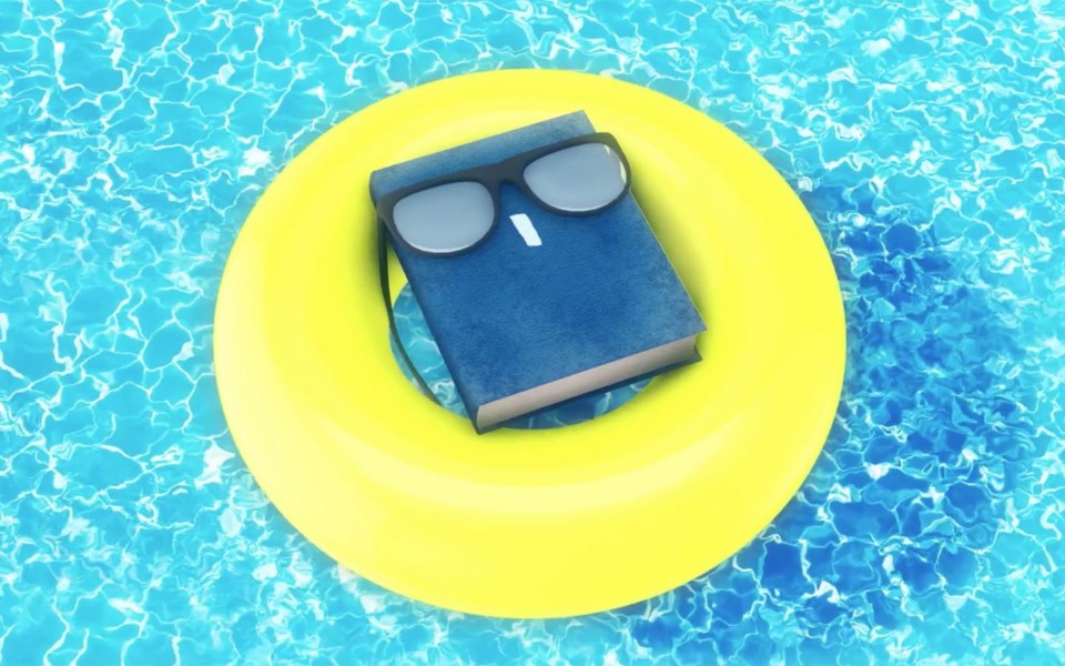 STAT News summer books header Illustration of book in inner tube floating on water