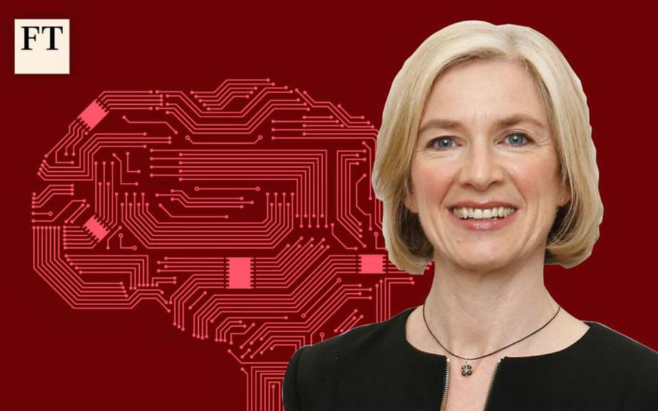 Image of Jennifer Doudna in front of brain illustration