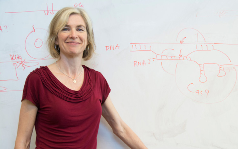 Image of Doudna with a whiteboard with CRISPR Cas9