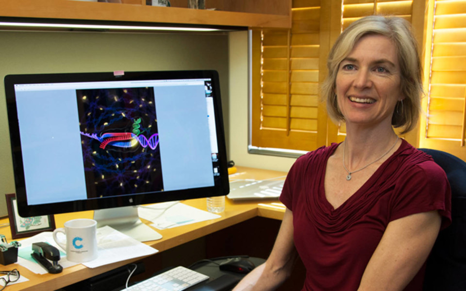 Image of Doudna with computer model of CRISPR