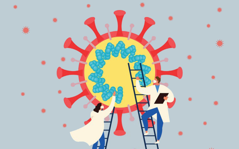 Illustration of scientists working together on coronavirus