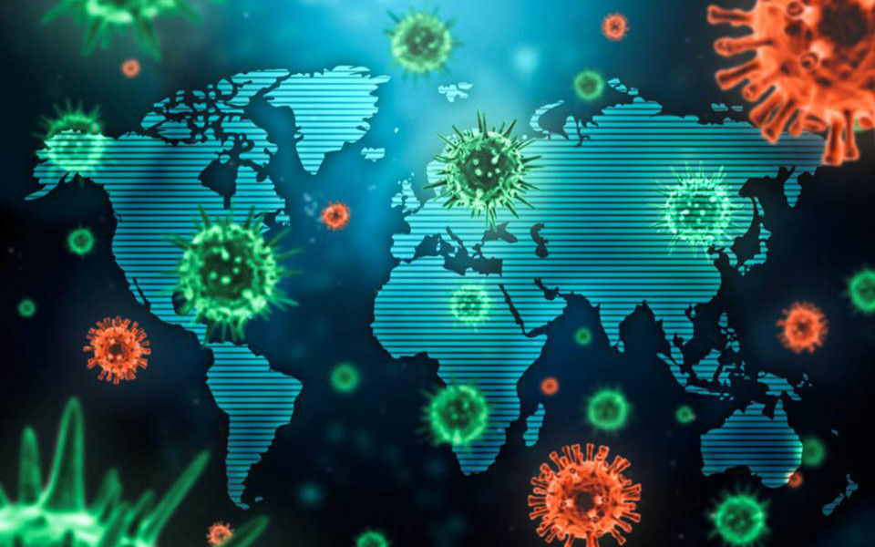 Illustration of coronaviruses on global map