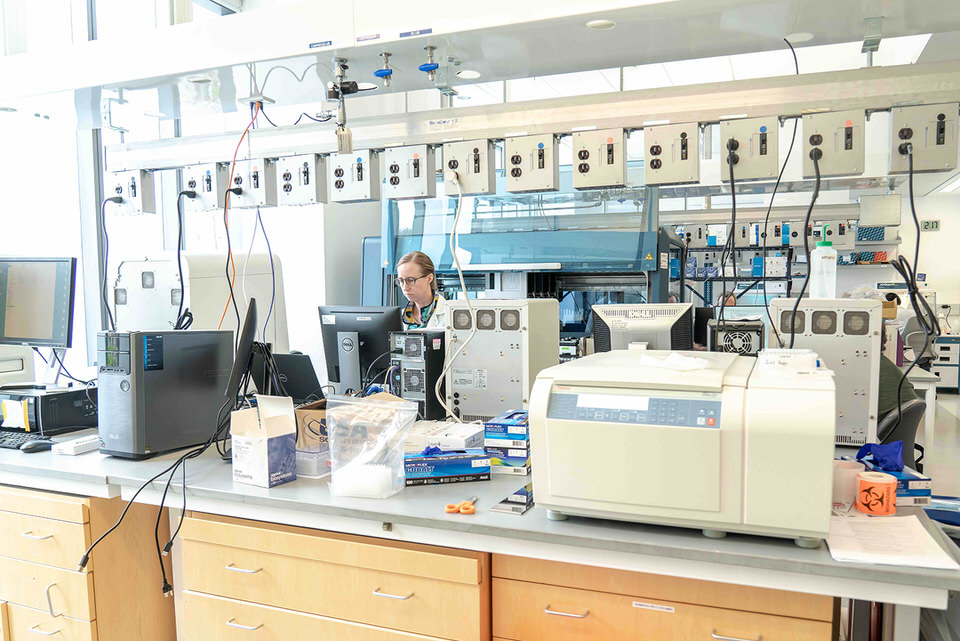 Image of scientist working at computer in lab