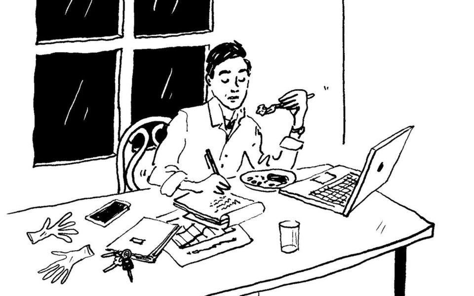 Illustration of scientist Enrique Lin Shiao presenting data on computer while eating