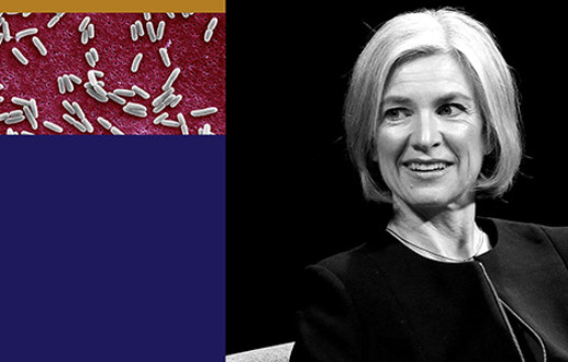 Photo illustration of Jennifer Doudna and bacteria