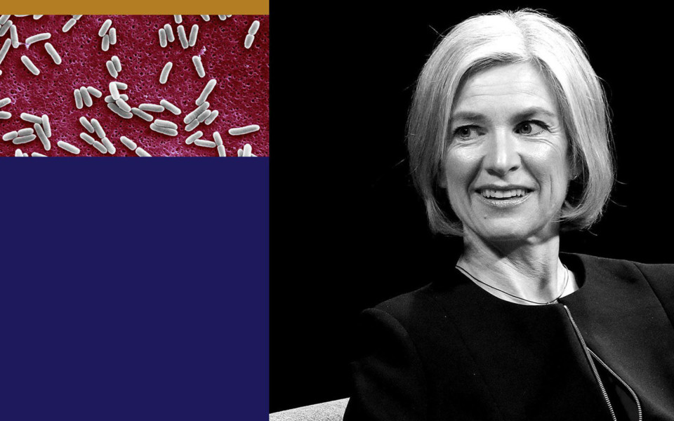 Photo illustration of Jennifer Doudna and bacteria