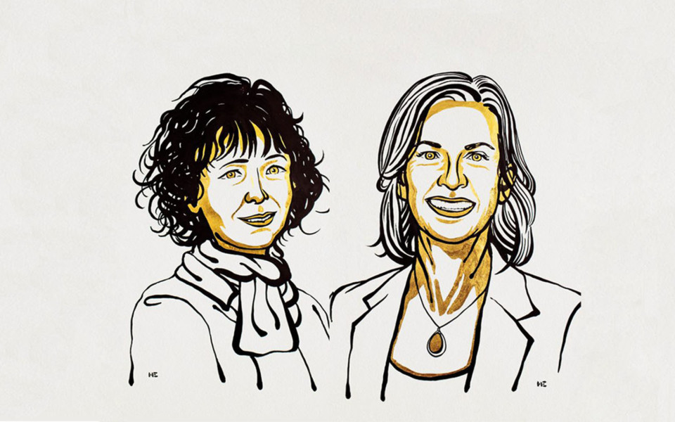 Illustration of 2020 Nobel Prize of Chemistry recipients Emmanuelle Charpentier and Jennifer Doudna