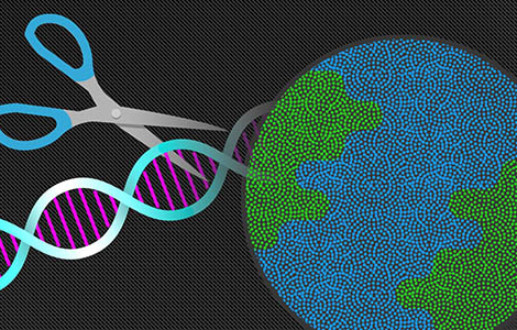 Illustration of CRISPR scissors cutting DNA next to Earth