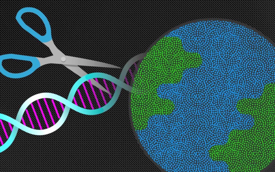 Illustration of CRISPR scissors cutting DNA next to Earth