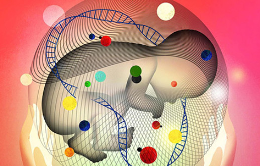 Illustration of DNA strand around baby