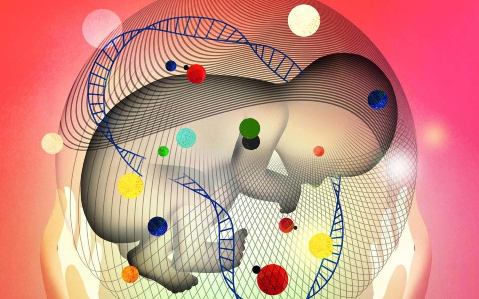 Illustration of DNA strand around baby